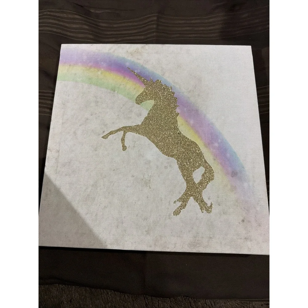 Unicorn Rainbow Glitter Canvas Wall Art Set Gold Sparkle Nursery Decor 2pc